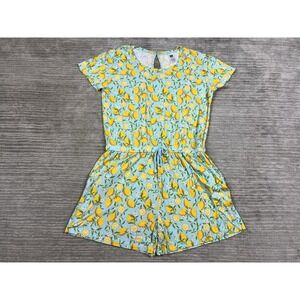 Alexs Lemonade Stand Romper Womens Large Blue Lemon Pattern Short Sleeve Rayon